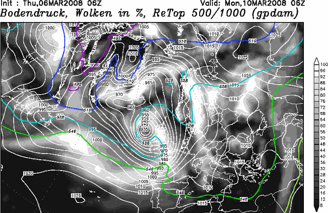 0600 GFS chart 6th March for Monday 10th March 2008, 6am: surface pressure